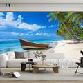 Beach Boat Landscape Wallpaper Roll Mural Wall Covering Sticker Peel and Stick Removable PVC/Vinyl Material Self Adhesive/Adhesive Required Wall Decor for Living Room Kitchen Bathroom