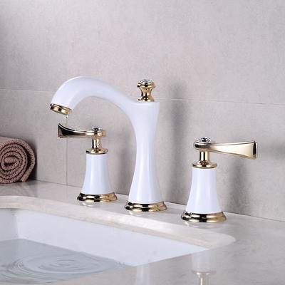 Luxury Widespread Bathroom Sink Mixer Faucet Vintage, 360 Swivel Retro Style Brass 3 Hole 2 Handle Basin Tap Deck Mounted, Washroom Basin Vessel Water Tap with Hot and Cold Hose