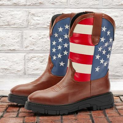 Men's American Flag Western Cowboy Boots with Rugged Sole - Patriotic Faux Leather Boots for Outdoor and Casual Wear