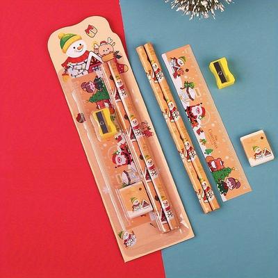 1set Christmas Pencil Combination Set With 2 Pencils 1 Eraser 1 Ruler 1 Pencil Sharpener School Supplies Christmas Gift Sketch Drawing Tools