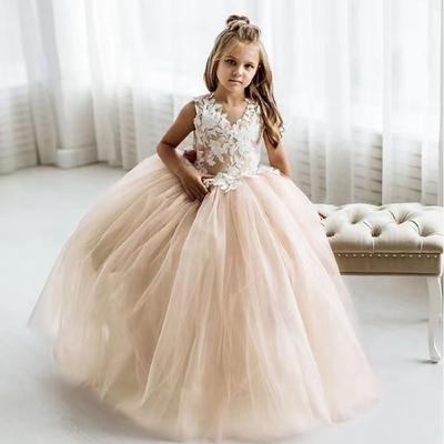 Kids Girls' Flower Girl Dress Party Dress Solid Color Sleeveless Performance Wedding Mesh Princess Sweet Mesh Mid-Calf Sheath Dress Floral Embroidery Dress Tulle Dress Summer Spring Fall 2-12 Years