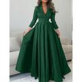 Satin A-Line Evening Gown Green Elegant Dress Formal Champagne Red Green Dress Floor Length 3/4 Length Sleeve V Neck with Pleats 2024