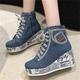 Women's Sneakers Plus Size Platform Sneakers High Top Sneakers Outdoor New Year Daily Booties Ankle Boots Embroidery Wedge Heel Round Toe Elegant Vacation Cute Denim Lace-up Dark Blue Light Blue