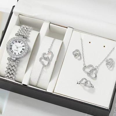 5 pcs/set Watch Set for Women - Shinny Rhinestone Fashion Starry Sky Digital Dial Quartz Watch Rings Necklace Earrings Jewelry Set Valentines Day Mother's Day Gifts