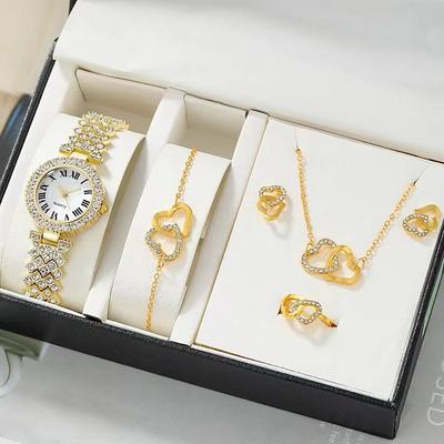 5 pcs/set Watch Set for Women - Shinny Rhinestone Fashion Starry Sky Digital Dial Quartz Watch Rings Necklace Earrings Jewelry Set Valentines Day Mother's Day Gifts