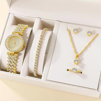 5 pcs/set Watch Set for Women - Shinny Rhinestone Fashion Starry Sky Digital Dial Quartz Watch Rings Necklace Earrings Jewelry Set Valentines Day Mother's Day Gifts