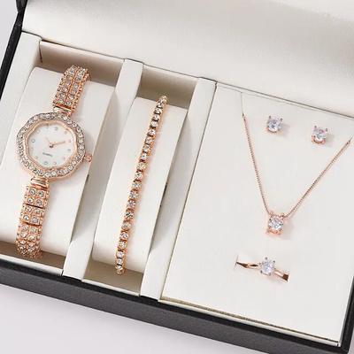 5 pcs/set Watch Set for Women - Shinny Rhinestone Fashion Starry Sky Digital Dial Quartz Watch Rings Necklace Earrings Jewelry Set Valentines Day Mother's Day Gifts