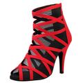 Women's Dance Boots Performance Training Practice Sexy Shoes Mesh Heel Sneaker Tulle High Heel Peep Toe Zipper Black Red