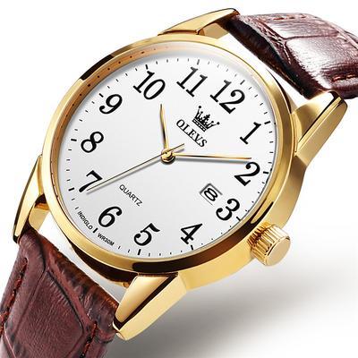 OLEVS Men Quartz Watch Calendar Waterproof Genuine Leather Watch Father's Day Gifts