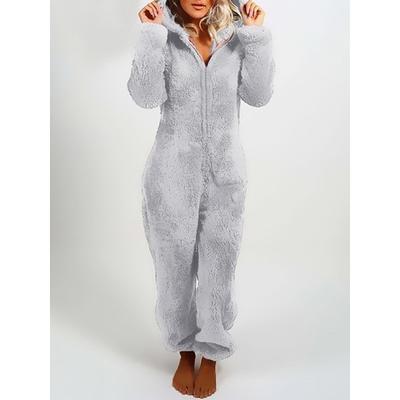 Women's Onesie Pajama Plush Fleece Bear Ear Hoodie Red Full-Length Winter Warmth Cozy Loungewear Zippered Sleepwear Casual Home Home Outfits