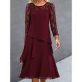 Women's Lace Dress Party Dress Cocktail Dress Lace Ruffle Crew Neck Long Sleeve Midi Dress Wine Navy Blue Spring Winter