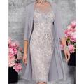 Two Piece Sheath / Column Mother of the Bride Dress Wedding Guest Church Elegant Illusion Neck Knee Length Lace 3/4 Length Sleeve Jacket Dresses with Embroidery 2024