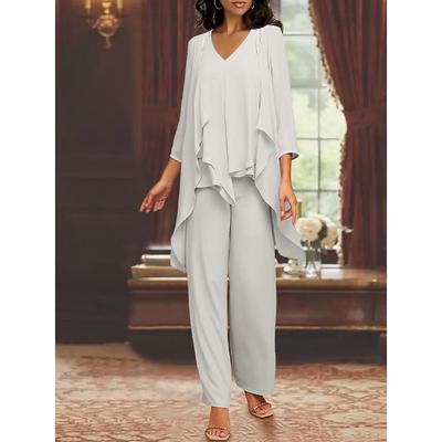 Jumpsuit / Pantsuit Mother of the Bride Wedding Guest Elegant V Neck Floor Length Chiffon 3/4 Length Sleeve Wrap Included with Beading 2025 free custom size
