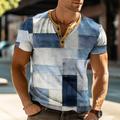 Plaid Faux Patchwork Pattern Men's Casual 3D Print T shirt Tee Henley Shirt Waffle T Shirt Sports Outdoor Casual Daily T shirt Light Blue Blue Sky Blue Short Sleeve Henley Shirt Spring Summer