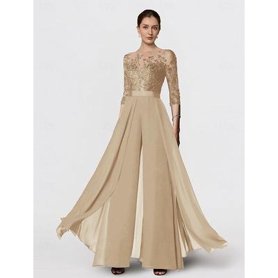 Jumpsuit / Pantsuit Mother of the Bride Formal Wedding Guest Elegant Party Scoop Neck Ankle Length Chiffon Lace 3/4 Length Sleeve with Appliques 2025