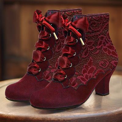 Women's Boots Plus Size Heel Boots Party Outdoor Valentine's Day Booties Ankle Boots Lace Kitten Heel Round Toe Elegant Vintage Fashion Lace Lace-up Black Red Green
