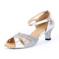 Women's Latin Shoes Ballroom Shoes Salsa Shoes Line Dance Sparkling Shoes Sandal Glitter Chunky Heel Buckle Silver Blue Gold / Sparkling Glitter / Suede / Sparkling Glitter