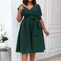 Women's Little Black Dress Cocktail Dress Plus Size Curve Party Dress Solid Color V Neck Short Sleeve Spring Fall Formal Prom Dress Knee Length Dress Party Dress / Party Dress