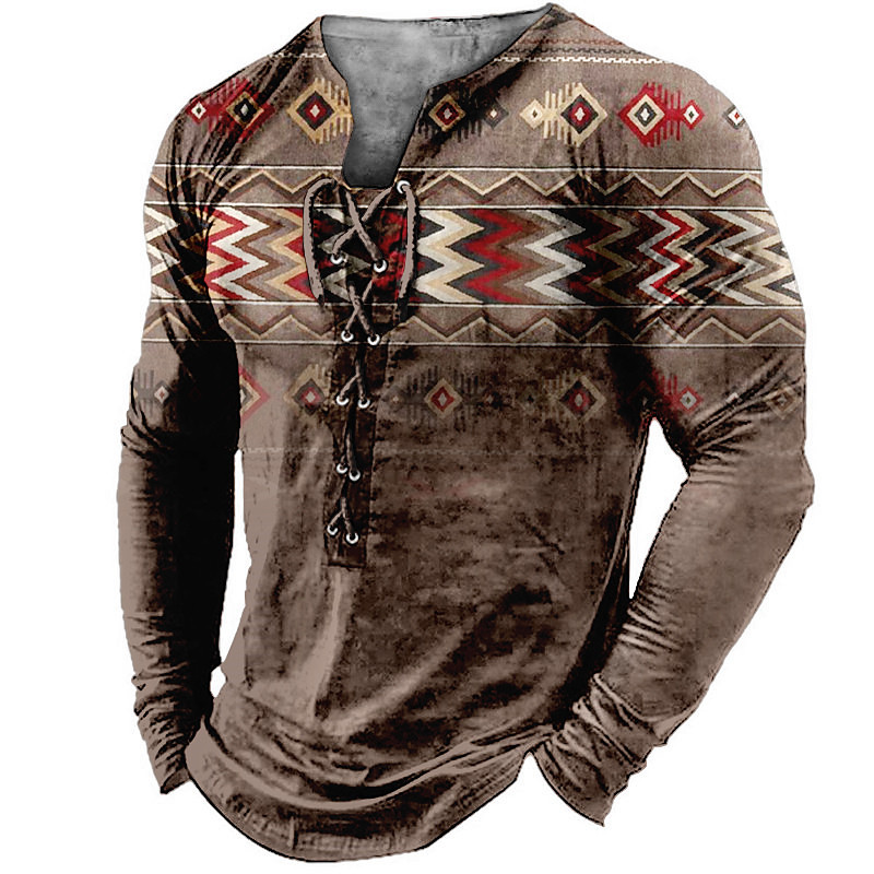 Mens Graphic Shirt Tee Collar Green Blue Coffee Gray 3D Print Outdoor Street Long Sleeve Lace Up Clothing Apparel Boho Designer Casual Native American Cotton