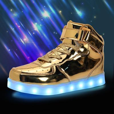 Gold LED Light-Up High-Top Sneakers for Kids and Men with Colorful Sole, Adjustable Strap, and Shiny Finish