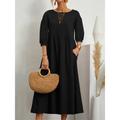 Women's Cotton Linen Dress Smock Dress Midi Dress Pocket Ruffle Trim Solid Basic Vacation Crew Neck 3/4 Length Sleeve Summer Spring Black White