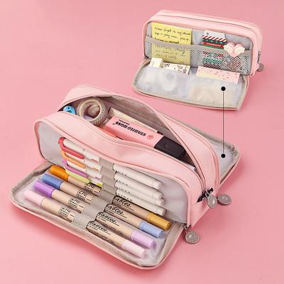 Large Capacity Pink Pencil Case Organizer – Multi-Layer Zipper Stationery Bag with Compartments for Girls, Students Artists