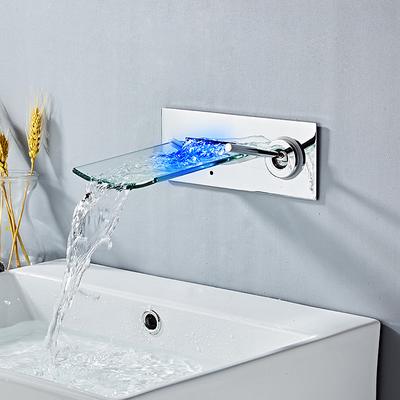 Wall Mounted Bathroom Sink Faucet,Single Handle Two Holes LED Waterfall Contemporary Chromium Plating Bath Taps with Hot and Cold Water