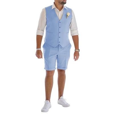 Men's Linen Suits Wedding Shorts Waistcoat Beach Summer Solid Formal Light Blue Sky Blue Dark Navy Colored Causal 2 Piece Tailored Fit