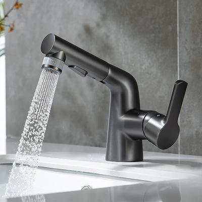 Pull Out Bathroom Sink Mixer Faucet, 360 swivel Pull Down Sprayer Basin Tap Brass, 2 Water Flow Modes with Rotating Spout, Single Handle Washroom Water Tap with Cold Hot Hose