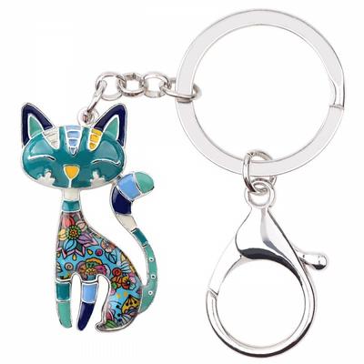 Enamel Alloy Floral Elegant Kitten Cat Keychains Key Ring Animal Pets Jewelry Gift for Women Girls Purse Handbag Charms Accessories