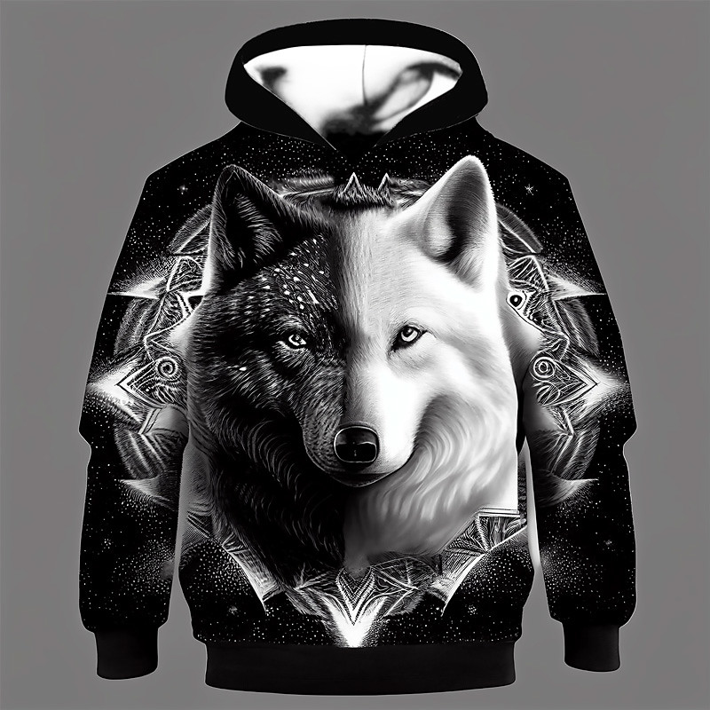 Boys 3D Wolf Hoodie Pullover Long Sleeve 3D Print Spring Fall Fashion Streetwear Cool Kids 3-12 Years Hooded Outdoor Casual Daily Regular Fit