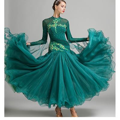 Ballroom Dance Dress Embroidery Split Joint Crystals / Rhinestones Women's Performance Training Long Sleeve Mesh Spandex Organza