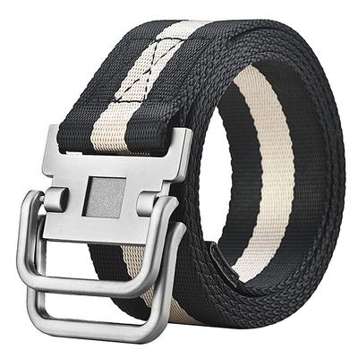 Men's Nylon Belt Easy Adjustable Double Ring Buckle Golf Belt Black Casual Unisex Web Canvas Belt Metal Tactical Buckle Fashion Plain Striped