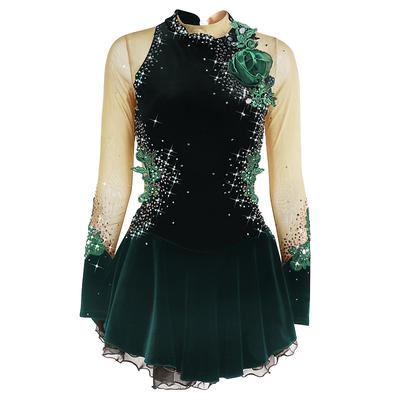 Figure Skating Dress Women's Girls' Ice Skating Dress Black White Dark Purple Open Back Mesh Spandex Velvet High Elasticity Competition Skating Wear Thermal Warm Jeweled Rhinestone Long Sleeve Ice
