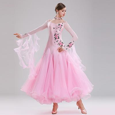 Ballroom Dance Dress Embroidery Appliques Split Joint Women's Performance Training Long Sleeve Spandex Organza Polyester