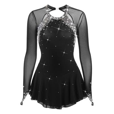 Figure Skating Dress Women's Girls' Ice Skating Dress Black White Yellow Open Back Mesh Spandex High Elasticity Practice Competition Skating Wear Jeweled Rhinestone Long Sleeve Ice Skating Figure