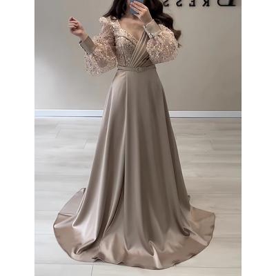 A-Line Evening Gown Elegant Dress Formal Fall Sweep / Brush Train Long Sleeve V Neck Satin with Glitter Pleats Strappy 2024