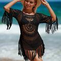 Women's Summer Dress Cover Up Tassel Cut Out Vacation Swimming Beach Wear Holiday Sleeveless Black White Pink Color S M L Size