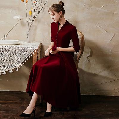 TS A-Line Cocktail Dresses Vintage Dress Wedding Guest Party Wear Tea Length Half Sleeve V Neck Fall Wedding Guest Velvet with Sleek 2025