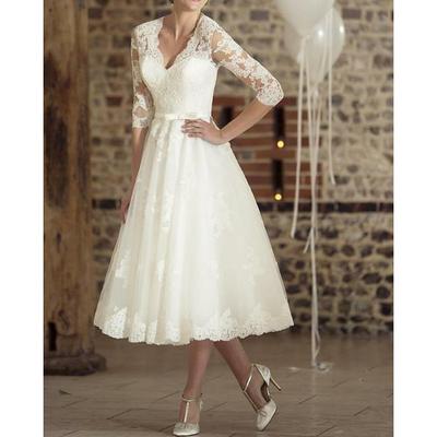 Reception Wedding Dresses VintageSimple Wedding Dresses A-Line V Neck Short Sleeve Tea Length Satin Bridal Gowns With Lace Criss Cross Summer Wedding Party dress to impress 2025