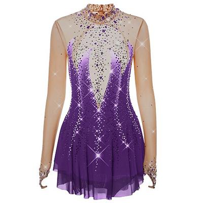 Figure Skating Dress Women's Girls' Ice Skating Dress Burgundy Royal Blue Light Purple Thumbhole Open Back Spandex High Elasticity Training Competition Skating Wear Crystal / Rhinestone Long Sleeve