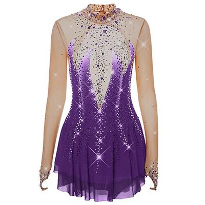 Figure Skating Dress Women's Girls' Ice Skating Dress Light Purple Purple Yellow Thumbhole Open Back Spandex High Elasticity Training Competition Skating Wear Handmade Crystal / Rhinestone Long Sleeve