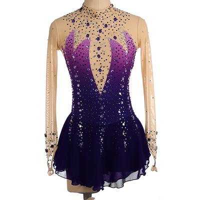 Figure Skating Dress Women's Girls' Ice Skating Dress Burgundy Royal Blue Light Purple Thumbhole Open Back Spandex High Elasticity Training Competition Skating Wear Crystal / Rhinestone Long Sleeve