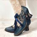 Women's Heels Pumps Boho Bohemia Beach Handmade Shoes Vintage Shoes Party Outdoor Daily Color Block Cone Heel Round Toe Elegant Bohemia Vacation Leather Lace-up Dark Blue Light Blue