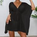 Women's Summer Dress Cover Up Drawstring Vacation Swimming Beach Wear Holiday Long Sleeve Black White Blue Color One-Size Size