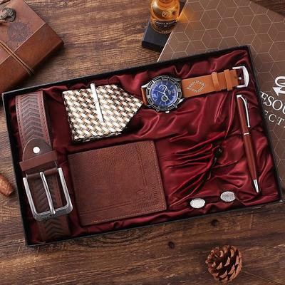 6 Pcs/Set Men's Gift Set with Box Leather Belt Wallet Tie Cufflinks Watch Pen Gifts for Men