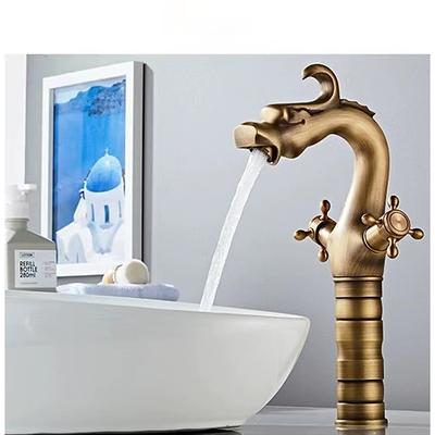 Bathroom Sink Faucet for Vessel, Novelty Loong Style Dragon Shape Mount Outsides Two Handle One Hole Tall Vessel Bath Taps in Antique Brass