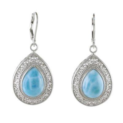 Cool Clarity,'Lace-Like Silver Dangle Earrings with Larimar'