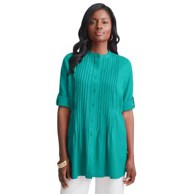 Plus Size Women's Linen Pintuck Button Front Blouse by Jessica London in Waterfall (Size 22 W)