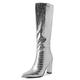 PanaLuxe Chrome Boots Women Elegant Block High Heel Boots Silver Knee High Boots Pull On Evening Dress Boots Below Knee Silver 4